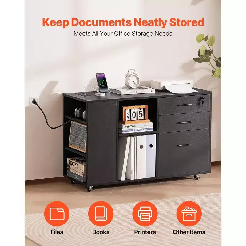 3-Drawer Mobile File Cabinet with Power Strip Lockable Rolling Storage with Shelves Black