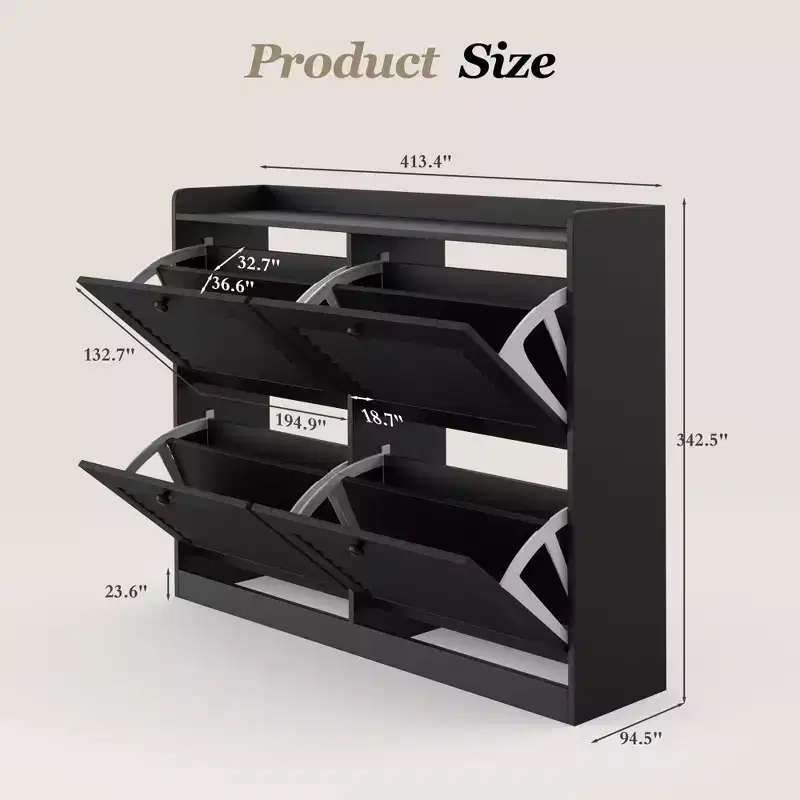 Large Shoe Storage Cabinet with 4 Flip Drawers, Narrow Cabinet for Entryway with Wooden Legs, Freestanding Hidden Shoe Rack Organizer for Hallway