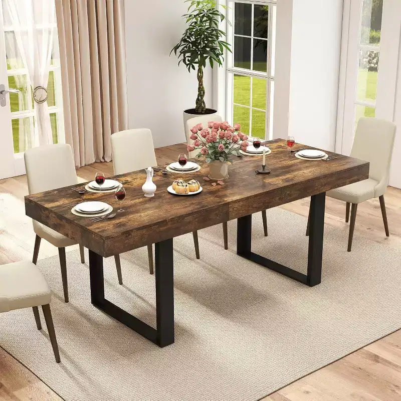 Zevemomo 63-78.7 Expandable Farmhouse Table, 6-10 Seater with Metal Track & Tapered U-Legs, Rustic Brown Rectangular Table for Dining Room & Office