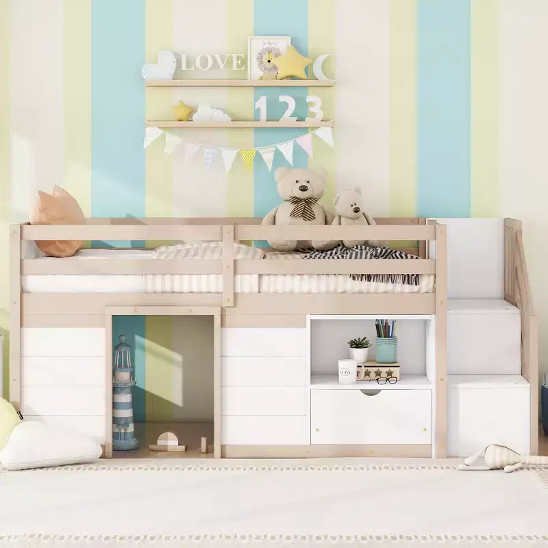 94.6L x 42.3W Solid Wood Twin Size Low Loft Bed With Stair, Drawer And Shelf, Modern & Clean Design