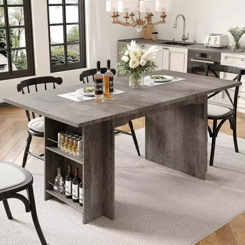 CuisinSmart Farmhouse Dining Table With 4 Spacious Storage Shelves, Rustic Wooden Rectangular Kitchen Table, Seats 4-6