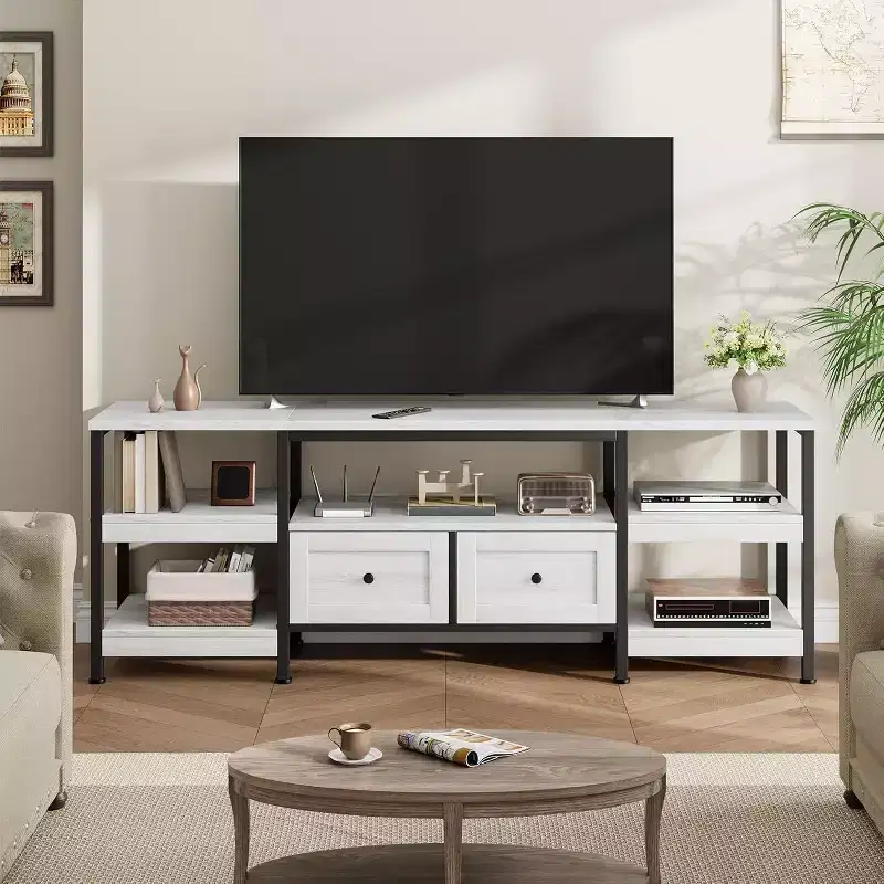 Industrial Style 63 TV Stand - Entertainment Center Holds 65 Screens w/2 Drawers, Open Shelves & Metal Frame