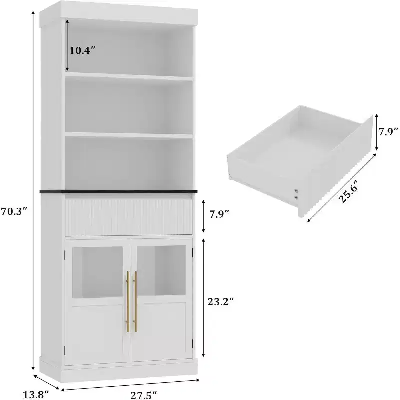 70 Tall Kitchen Pantry Cabinet with Glass Doors & Drawer - Versatile Storage for Living Room, Office, Dining Room, and Entryway