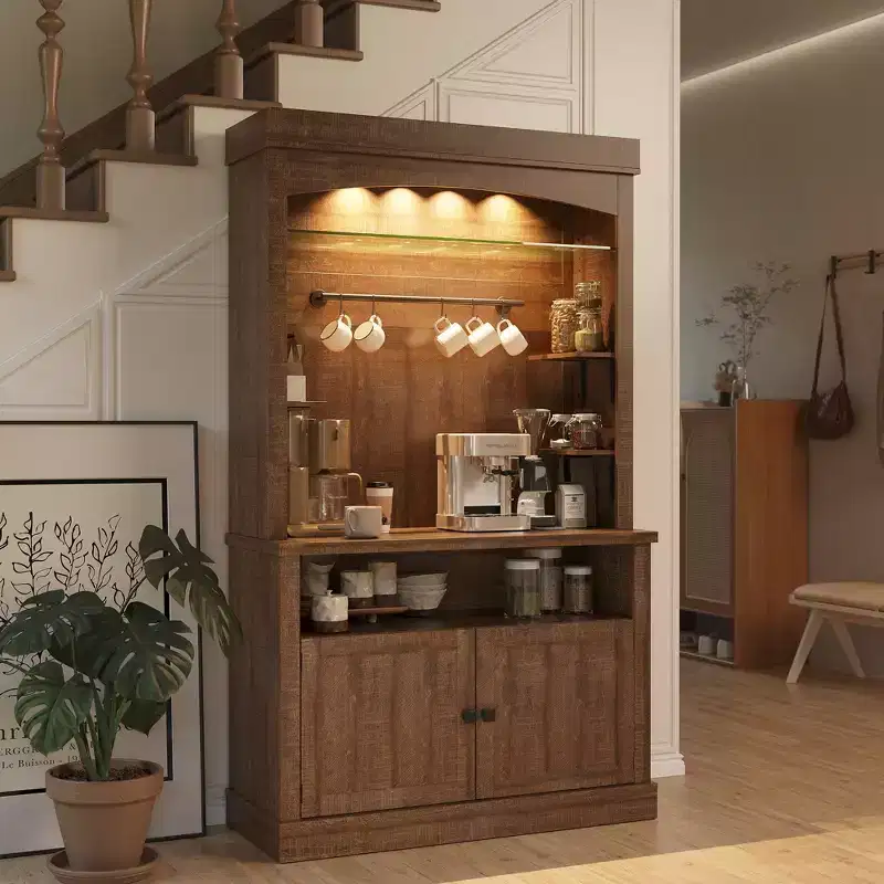 72 Tall Coffee Bar Cabinet with LED Lights, Farmhouse Kitchen Sideboard with Wine Rack & Glass Shelves, Buffet Storage Cabinet for Dining Room