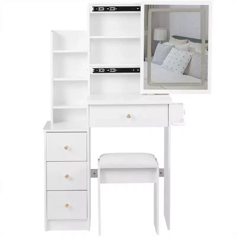 Okak Vanity Table with Drawers and Lights, 29.2 Compact Left-Side Bedside Vanity Desk with Oversized Touch-Sensitive Sliding LED Mirror, White