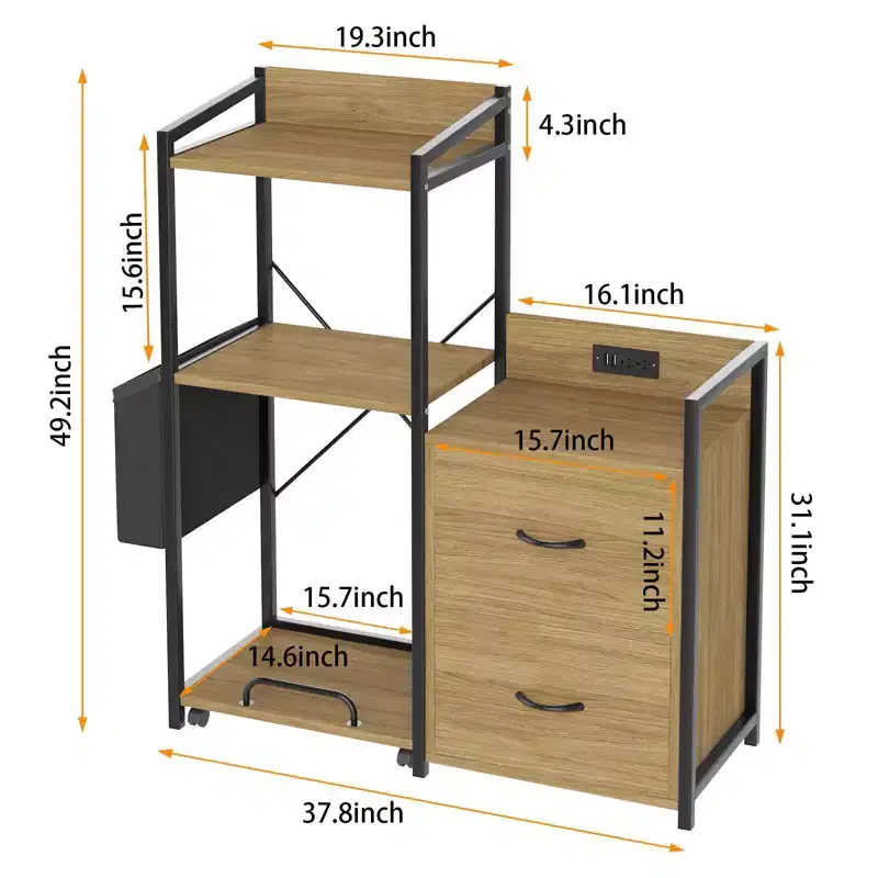 Acekool Black Rustic Wood Printer Stand with Iron Frame Storage Cabinet Featuring Drawers and Open Shelves for Home Office Organization