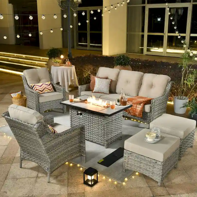 XIZZI 6-piece Rattan Wicker Outdoor Furniture Deep Seat Sofa Set with Fire Pit