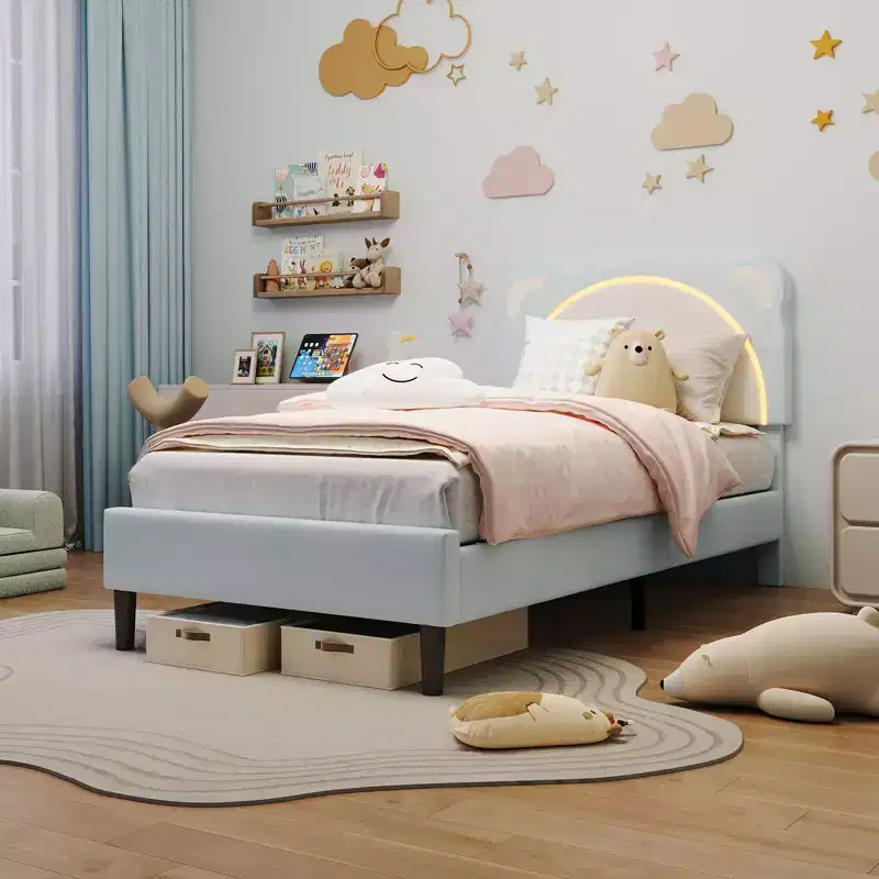 Twin Bed Frame, Upholstered Platform Bed Frame with Adjustable Headboard & Smart Led, Wooden Slats Support, No Box Spring Needed