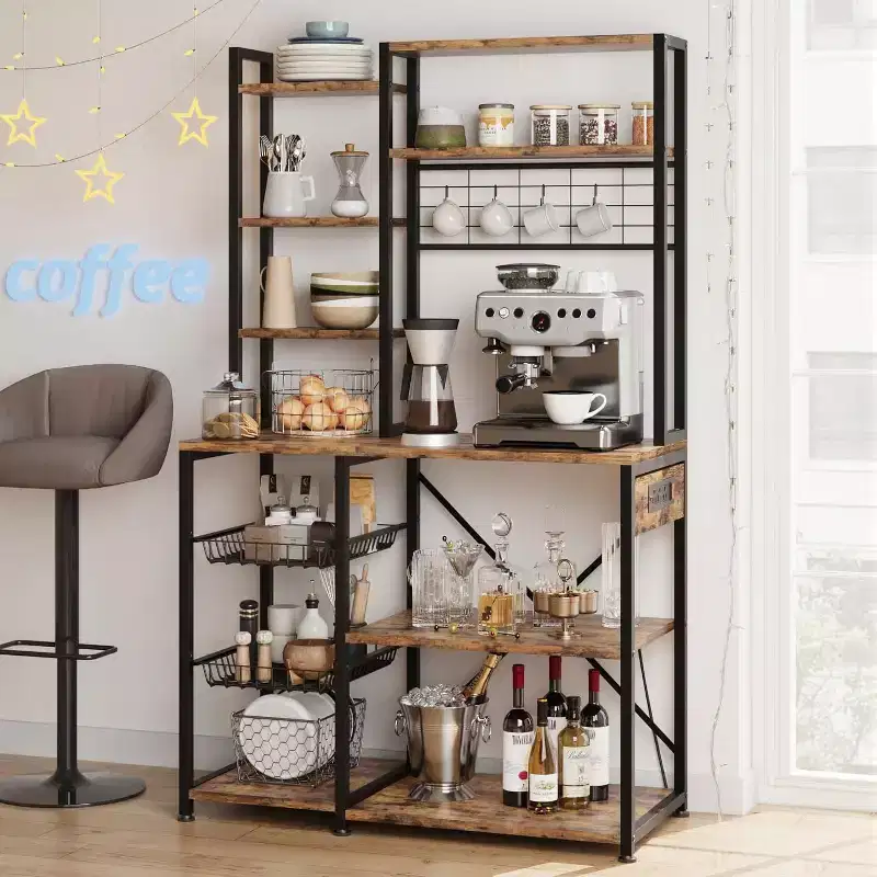 7-Tier Bakers Rack with Power Outlet  Large Microwave Stand & Coffee Bar  2 Wire Drawers, Hooks,Freestanding Kitchen Oven Shelf  For Kitchen