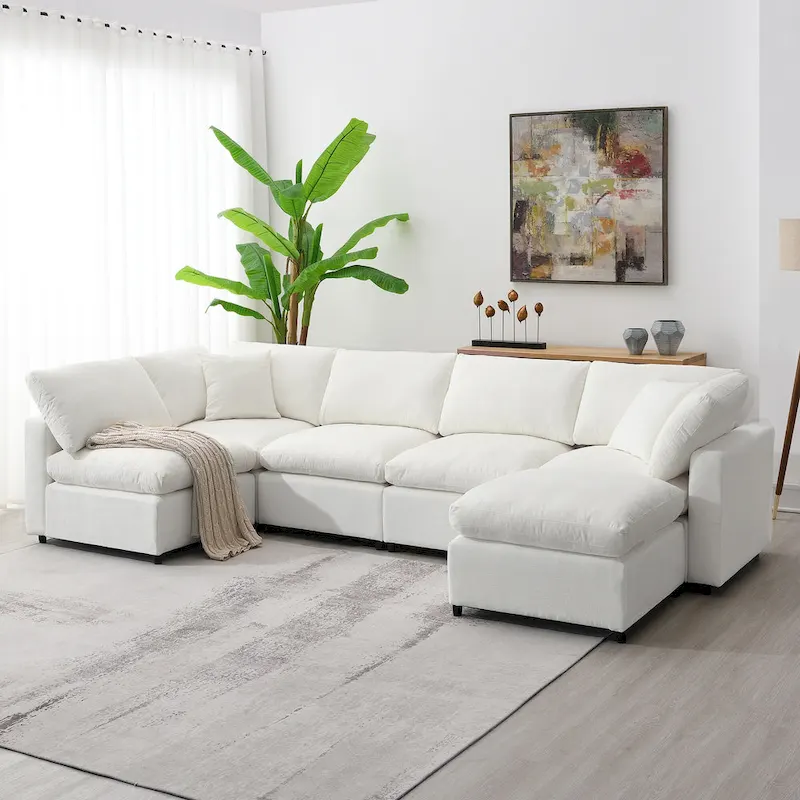 6 Seat Modern Modular Cloud Sofa Bed Chenille Sectional Couch Set with Ottoman