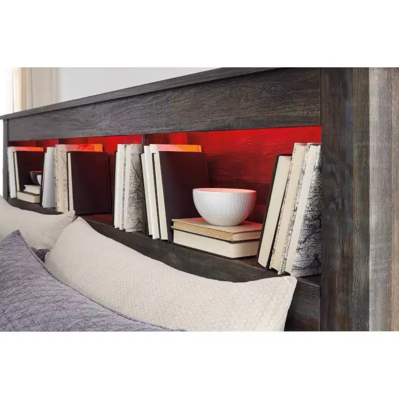 Queen/Full Bookcase Headboard: LED Lighting, Rustic Finish