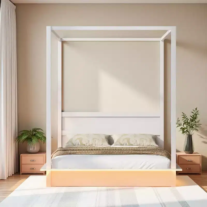 Modern LED Canopy Platform Bed Frame with Slats and Headboard