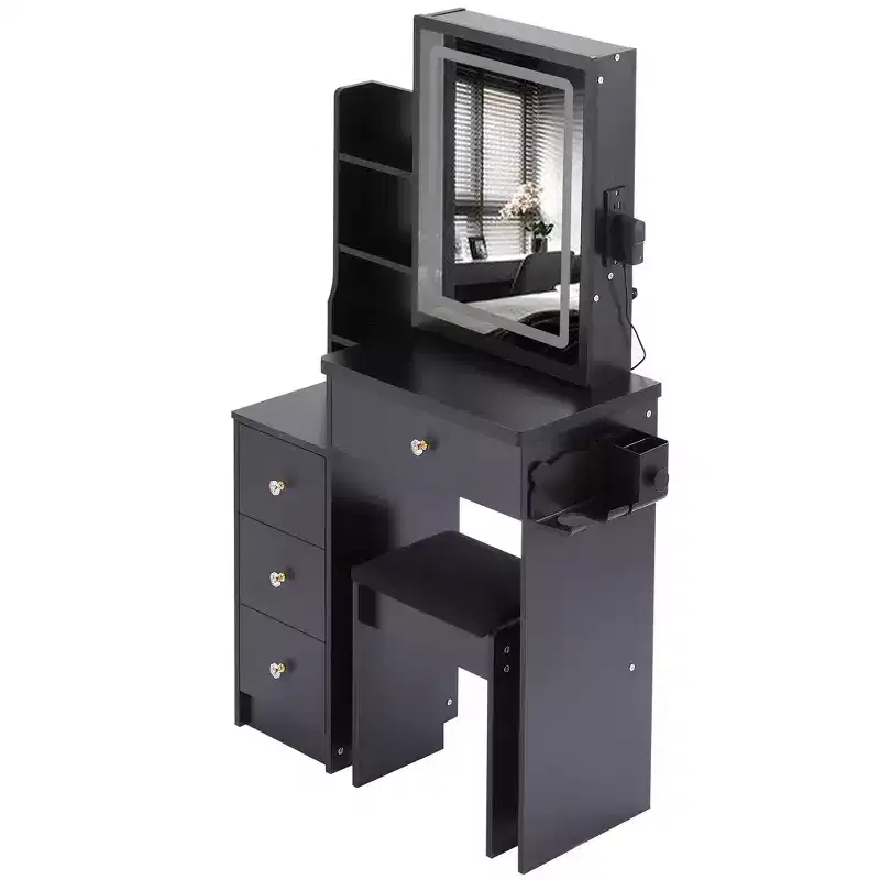 Vanity Desk with LED Mirror, 3 color LED, Power Outlet, Cushioned Stool, Left Bedside Cabinet, and Hair Dryer Bracket for Bedroom