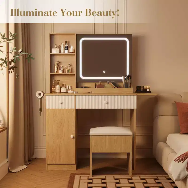 GustoWave Vanity Desk with Mirror, Foldable Panel, Storage Chair, Drawer & Shelves, Compact Dressing Table Set for Bedroom, Natural Wood