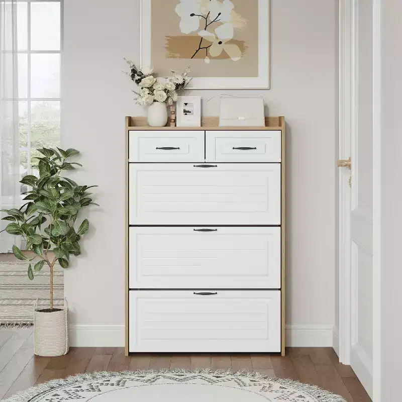 1250 White +oak Shoe Cabinet With 3 Doors 2 Drawers