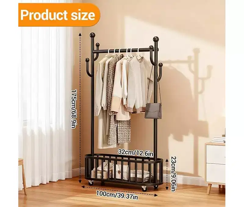 Portable Heavy Duty Clothes Rail, Movable Clothes Rack on Wheels with Storage Shelf, Metal Clothing Rail for Hanging Garments, for Bedroom,Laundry