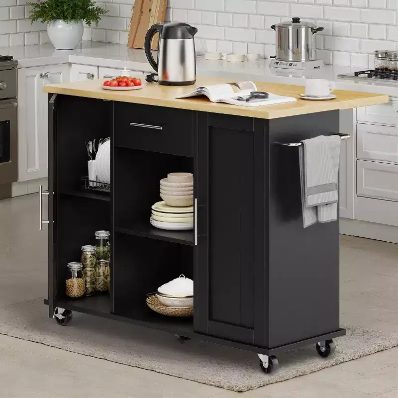 Rolling Kitchen Island Cart With Butcher Block Top Portable Workstation With Storage Shelves, 1 Drawer & Locking Wheels