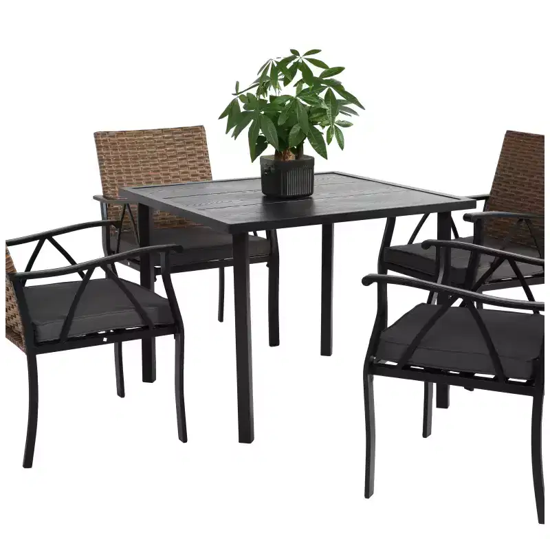 Whisen 5-Piece Wicker Outdoor Table and Chairs, Patio Dining Table and Chairs Set with Square steel Tabletop