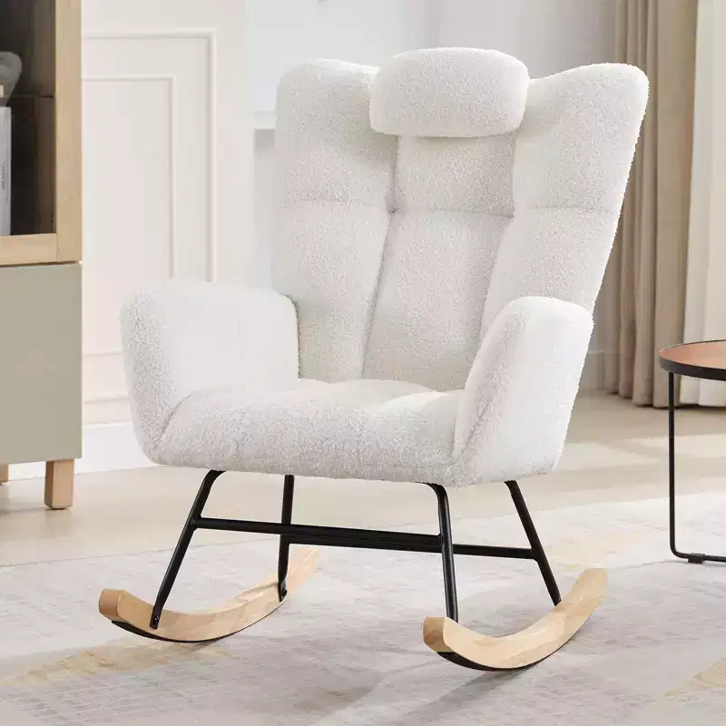 High Backrest Rocking Chair - 300lb Glider Chair with Wood Legs, Side Pockets, Teddy Upholstered Rocker, Padded Seat, for Living Room Bedroom Nursery