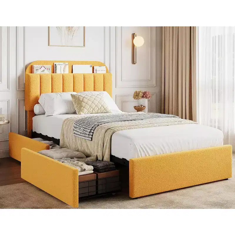 Platform Bed Frame, Kids Bed Frame with Storage Headboard, 2 Rolling Drawers, Noise Free, No Box Spring Needed, Yellow