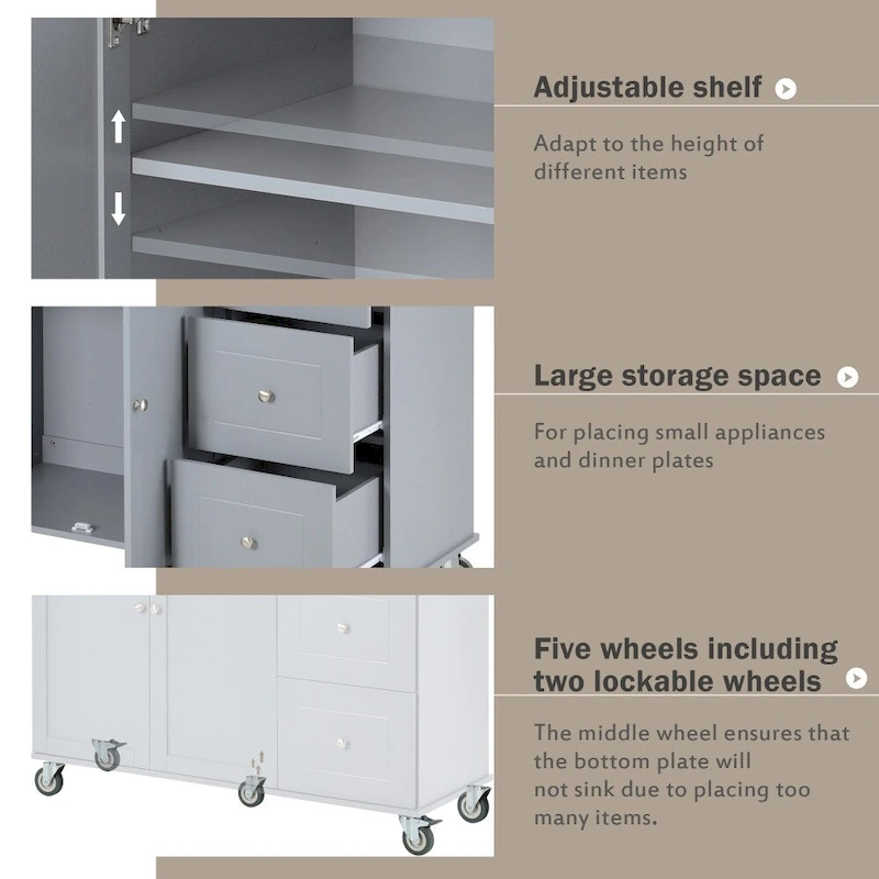 52.7 Rolling Mobile Kitchen Island with Solid Wood Top