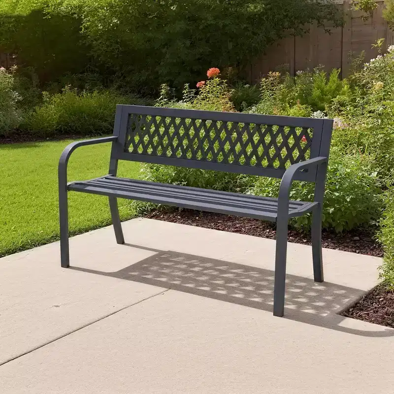 Metal Outdoor Bench with Geometric Hollowed-Out Design for Garden, Courtyard and Terrace