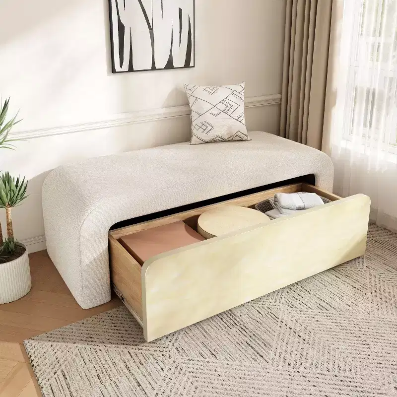 Sleek Curved Ottoman Bench with Drawer, Plush Boucle End-of-Bed Storage Bench, 300lbs Capacity, Light Brown/White