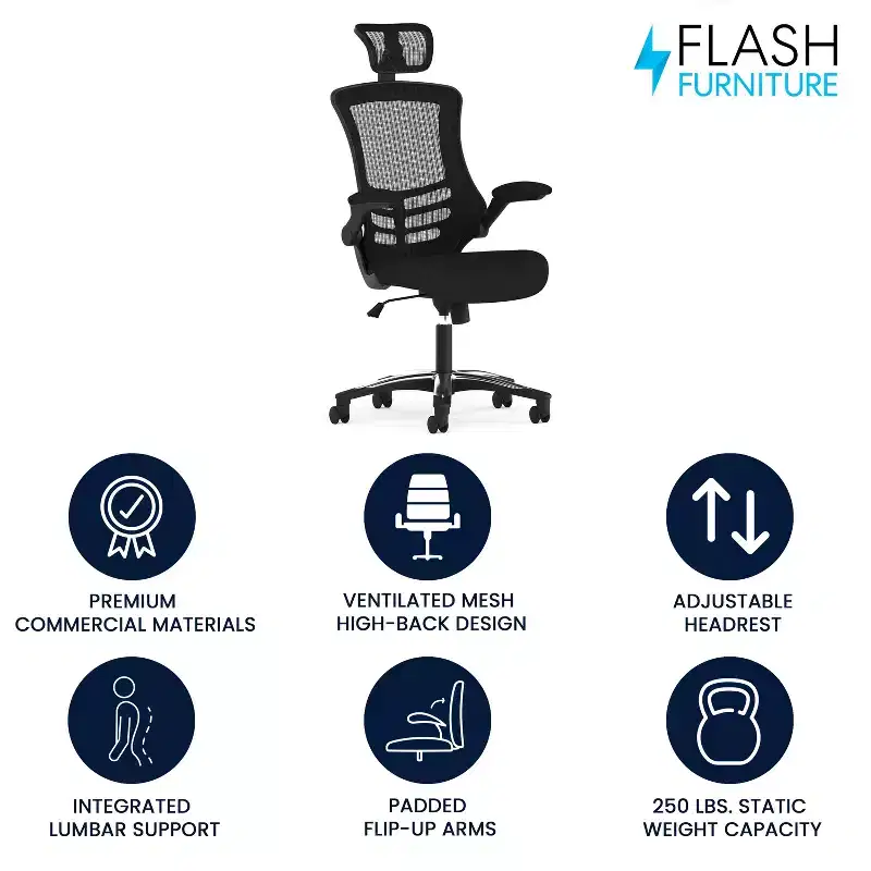 Flash Furniture Kelista High-Back Black Mesh Swivel Ergonomic Executive Office Chair with Flip-Up Arms and Adjustable Headrest
