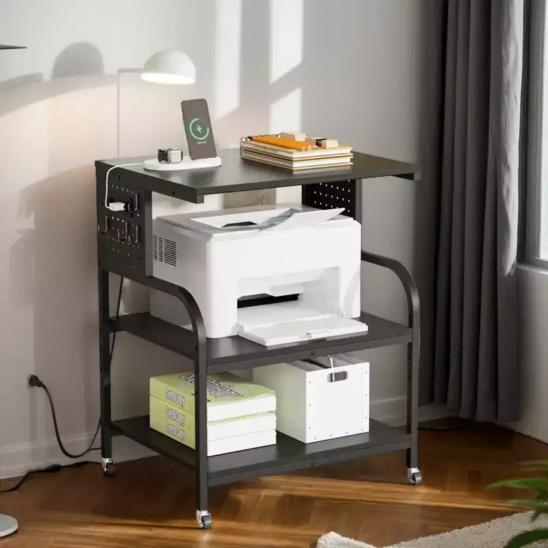 3 Tier Large 3D Printer Stand with Power Outlet/USB Port, Rolling Printer Cart with Adjustable Shelf, Laser Printer Table (Black)