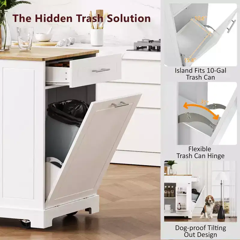 Whisen Classic Style Kitchen Islands on 5 Wheels with 3 Drawer and 3 Open Side Racks