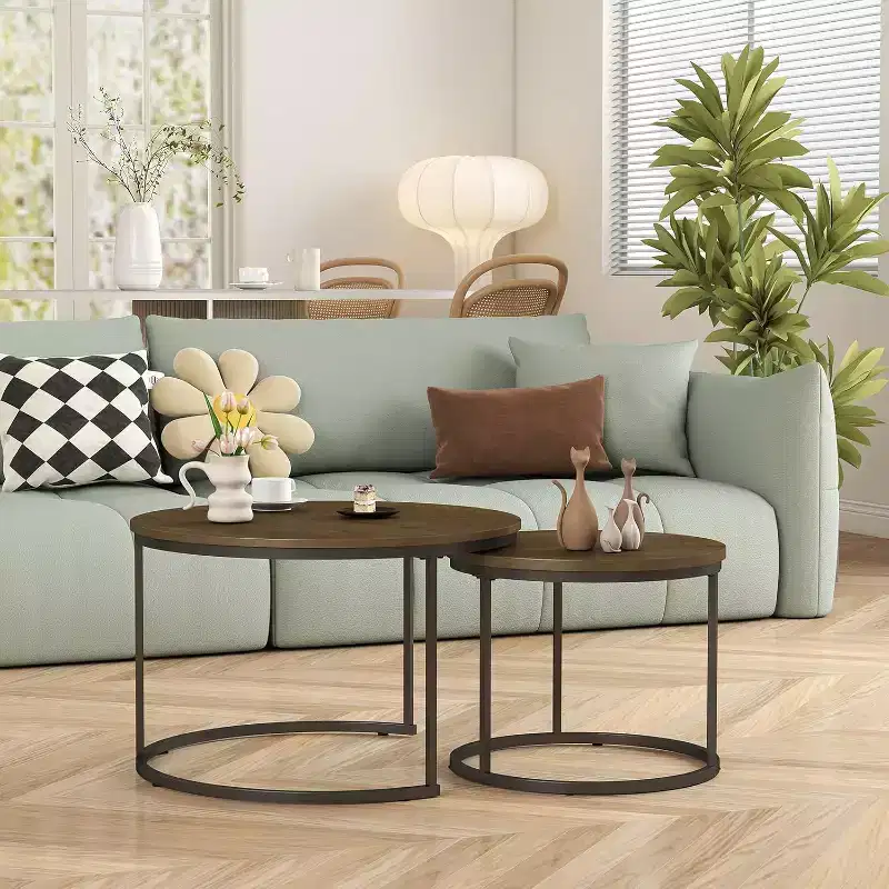 Zevemomo Nesting Coffee Table Set of 2,27.6Brown Wood Coffee Table with Marble Pattern Top and Sturdy Metal Frame,for Living Room, Bedroom,Patio,Yard