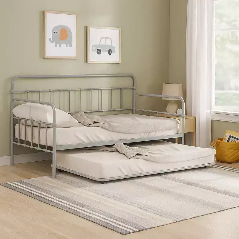 Daybed with Pull Out Trundle, Classic Silver Metal Open Frame