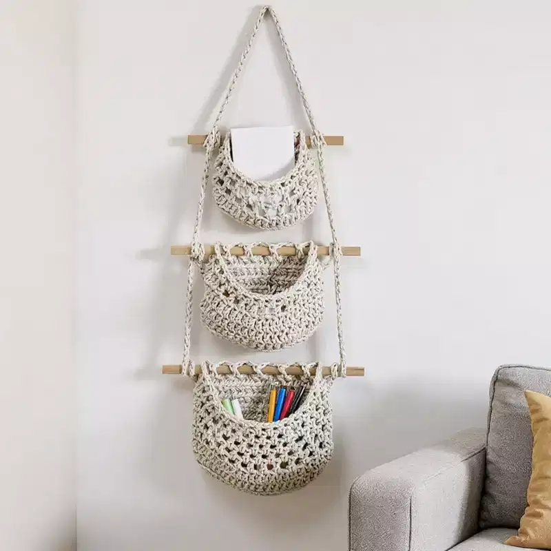 3-Tier Woven Hanging Storage Baskets with Wooden Rods and Rope Hanger - Beige
