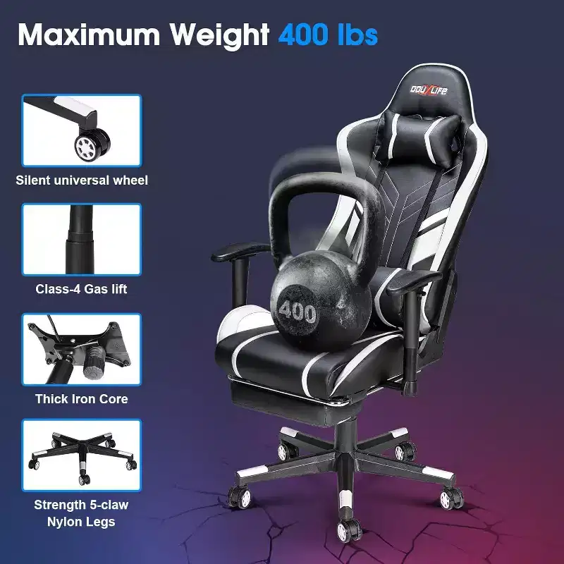 Douxlife Modern 7-Point Massage Ergonomic Gaming Chair with Footrest & Adjustable Armrests Black White
