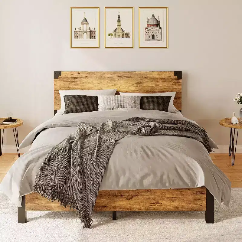 Full Size Platform Bed Frame with Headboard, 4 Storage Drawers, Noise-Free, Metal Support, No Box Spring Needed, Rustic Brown