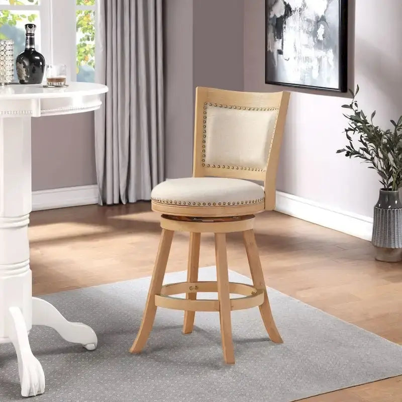 High Back Swivel Counter Stool with Linen Cushion and Wood Frame