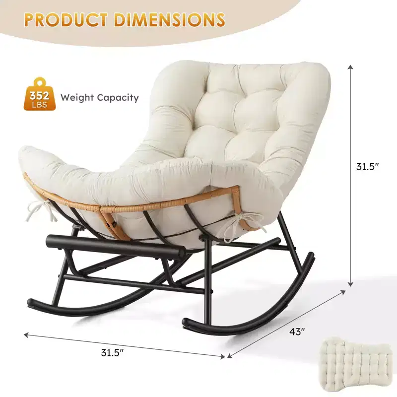 Papasan Rocking Chair with Thick Cushion, Metal Footrest & PE Rattan Frame – Indoor/Outdoor Lounge