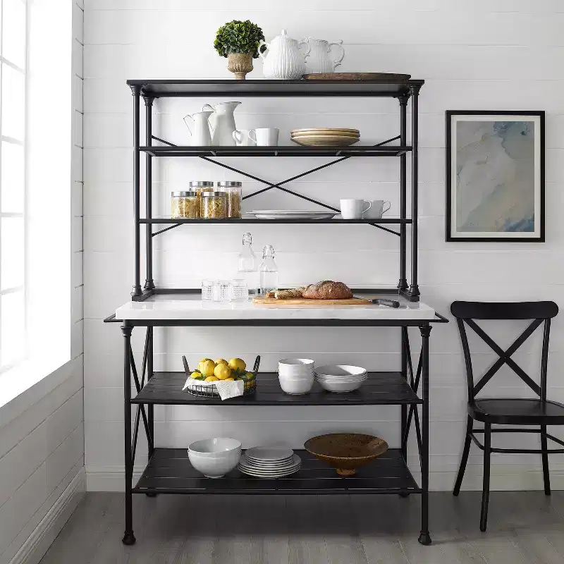 Kitchen Island and Hutch - Matte Black, Veneer Surface, Metal Frame, 6 Open Shelves