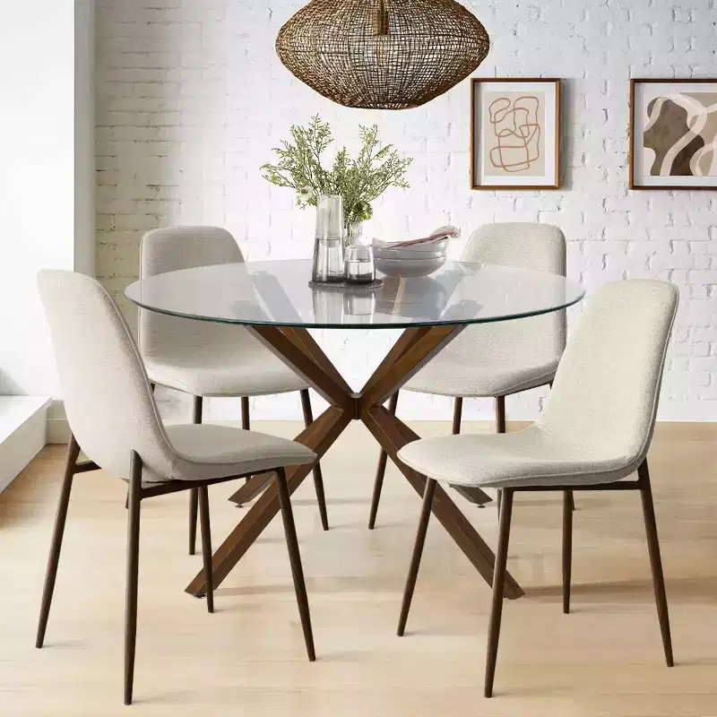 Olive+Oslo 5-Piece Dining Table Set for 4, Round Glass Dining Table with 4 Upholstered Dining Chairs Walnut Legs-Panipeachy
