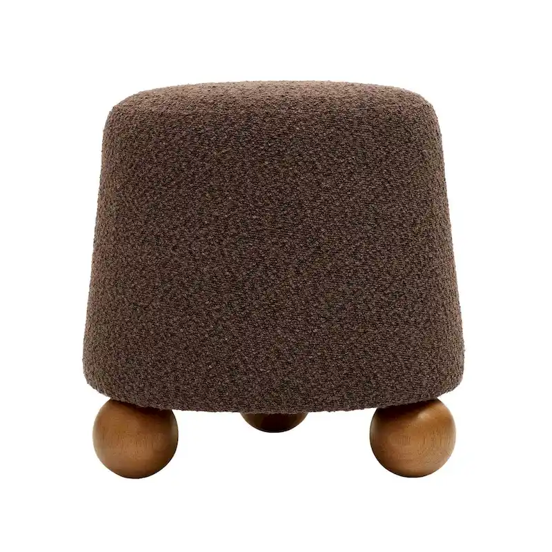 Boucle Upholstered Stool with Solid Wood Legs