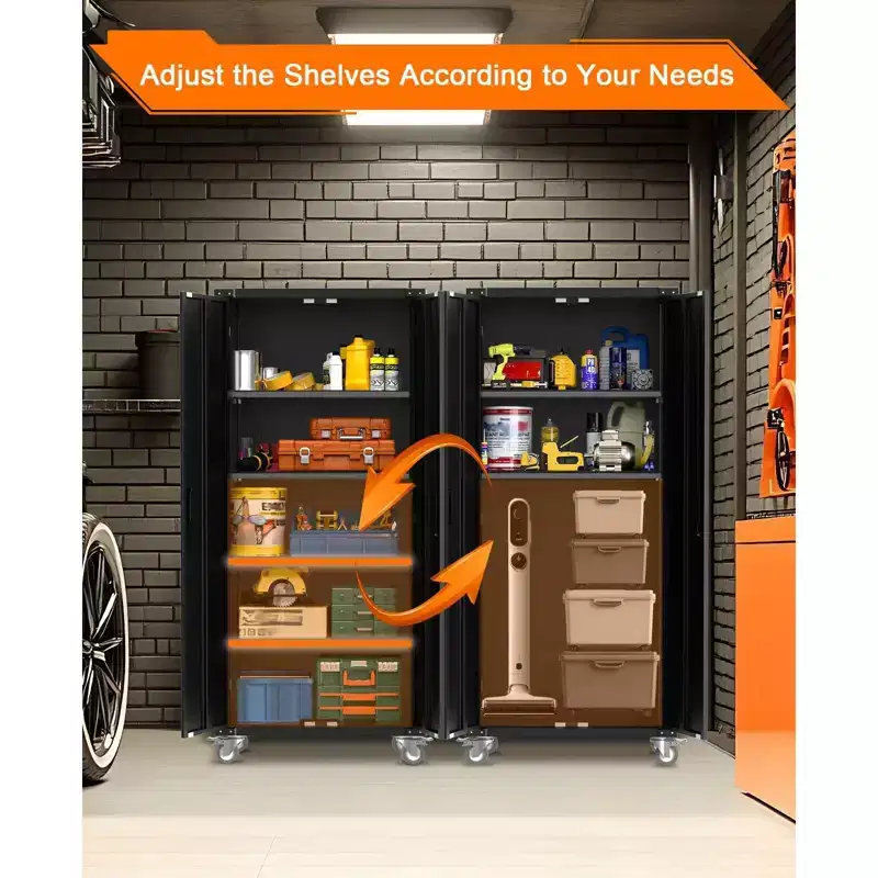 Metal Storage Cabinet with Wheels, Lockable Tool Cabinet with 4 Adjustable Shelves for Garage and Pantry