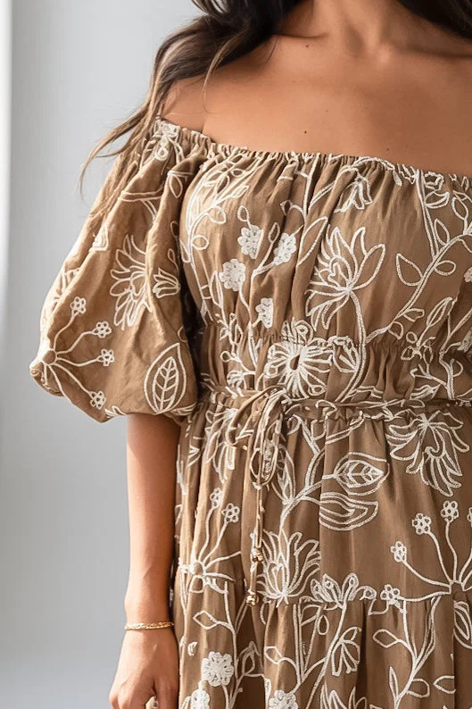 Taupe Floral Puff Sleeve Smocked Midi Dress