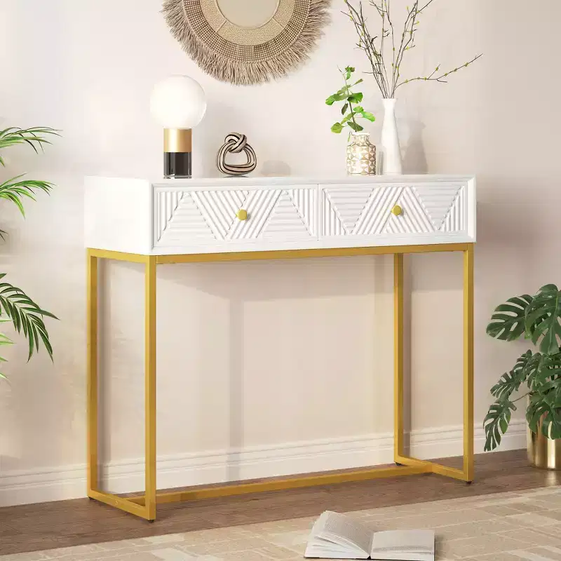 Modern Narrow Console Table with 2 Drawers – White