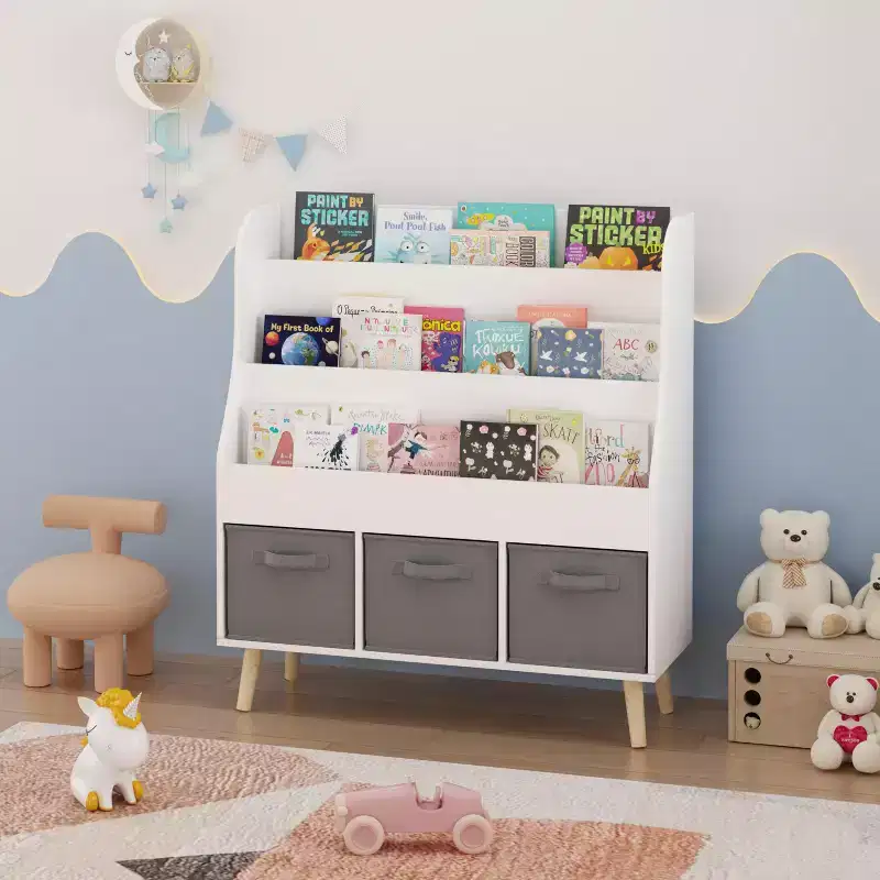Kids Bookshelf with 3 Fabric Storage Bins, White Wooden Book Display Organizer for Toddlers and Children, Front-Facing Book Rack with Pine Legs