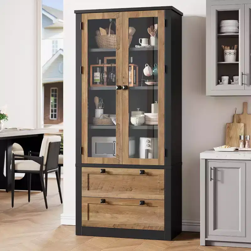 Farmhouse Kitchen Pantry Cabinet with Glass Doors, 72in Storage Cupboard with Drawers and Adjustable Shelves for Dining Room Bathroom Living Room