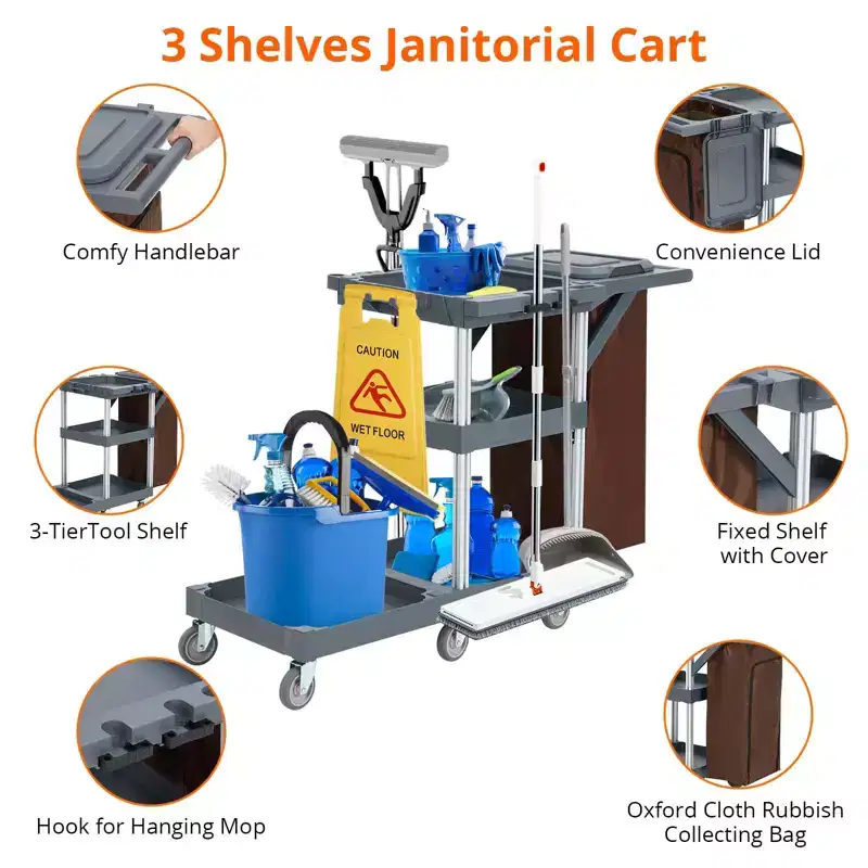 Gray 3-Shelf Janitorial Cart with 16-Gallon Trash Bag, 165 Lb Capacity