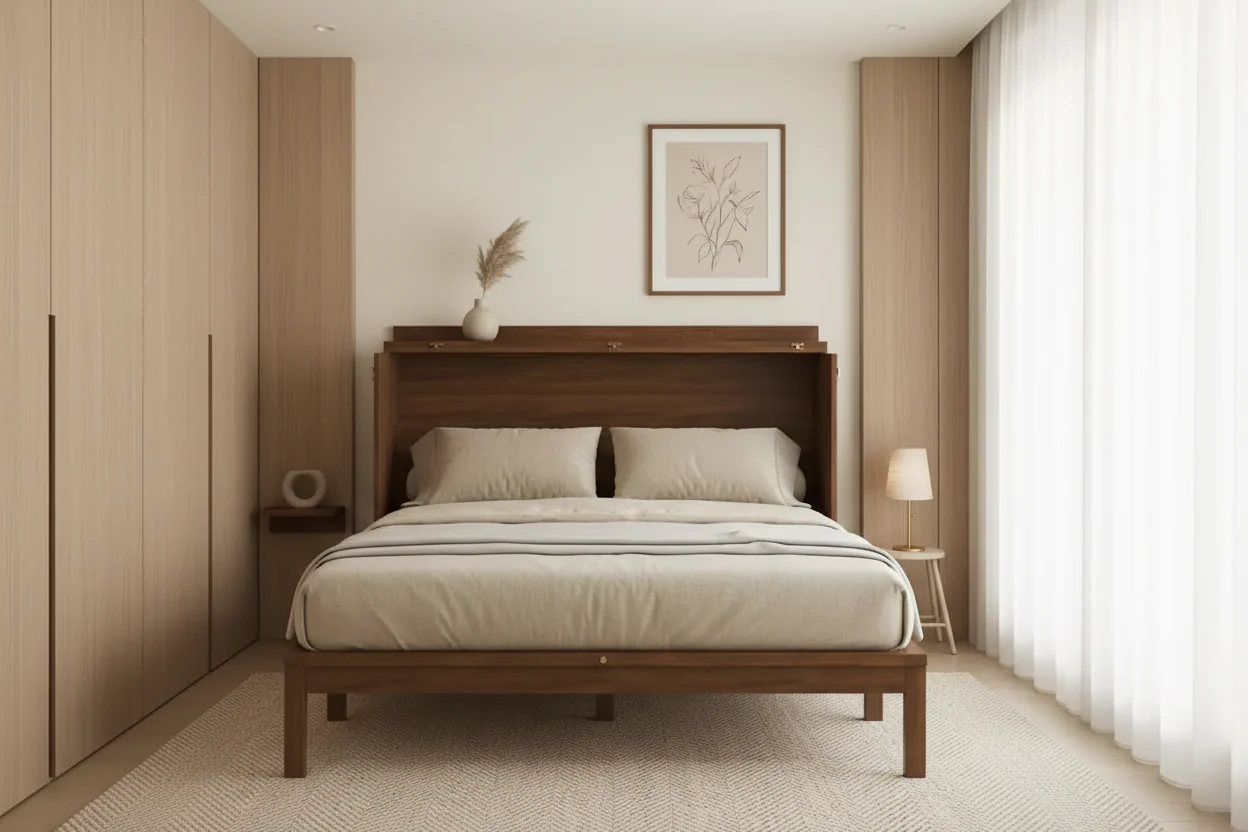 Queen Size Murphy Cabinet Bed – Pine Wood, Power Station & Rattan Decoration Panel