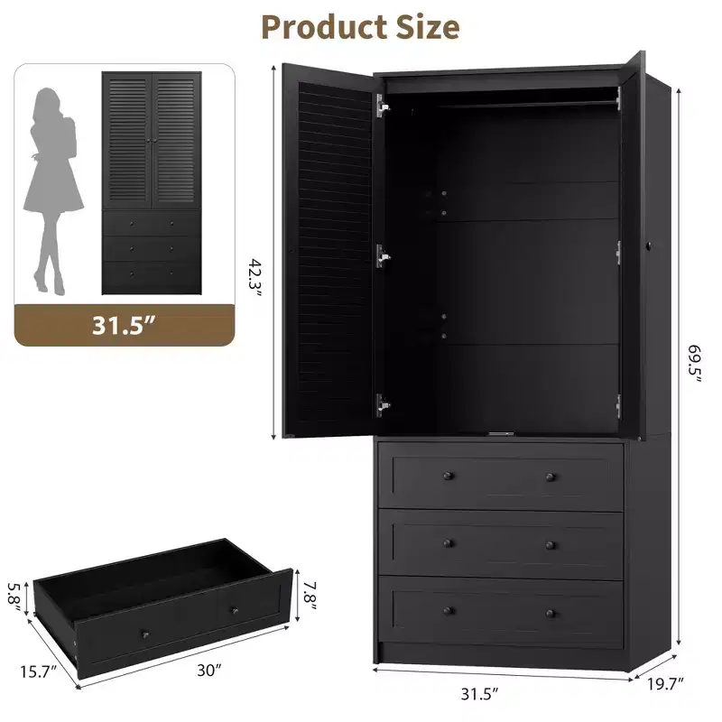 70 Wooden Wardrobe Armoire with 2 Doors & 3 Drawers  Freestanding Closet Cabinet with Hanging Rod & Shelf for Bedroom Storage
