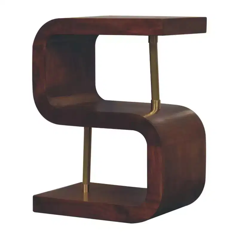Solid Mango Wood S-Shaped Nightstand with 2 Shelves & Gold Accents 17.7''W x 23.6''H Chestnut