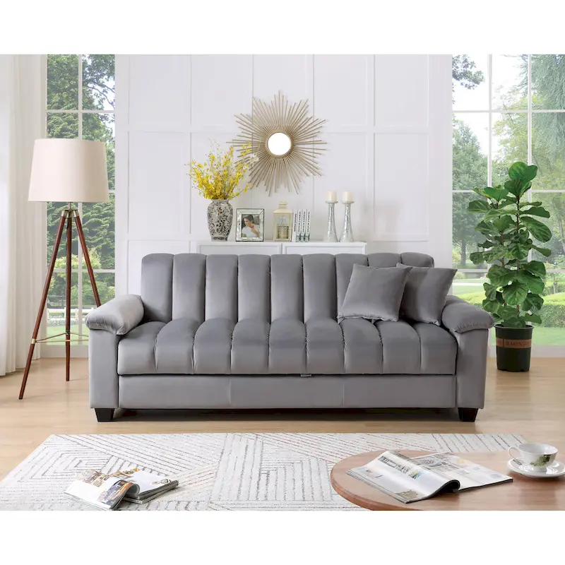 Velvet Convertible Sleeper Sofa with Storage, 2-Seater – Blue / Red / Green / Cream / Grey / Brown / Light Grey